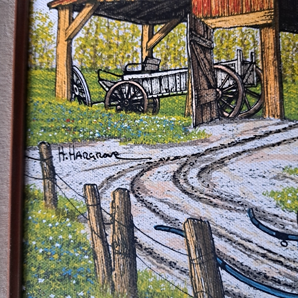 Rare Vtg H. Hargrove Signed, Matted Framed Oil Painting- Barn,Blue Cart/Buggy - Picture 2 of 13